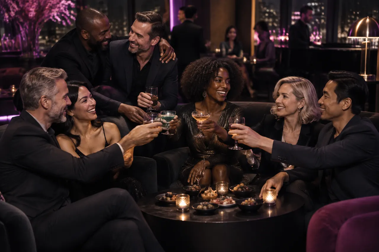 Gruppo inclusivo di adulti durante una serata in lounge
